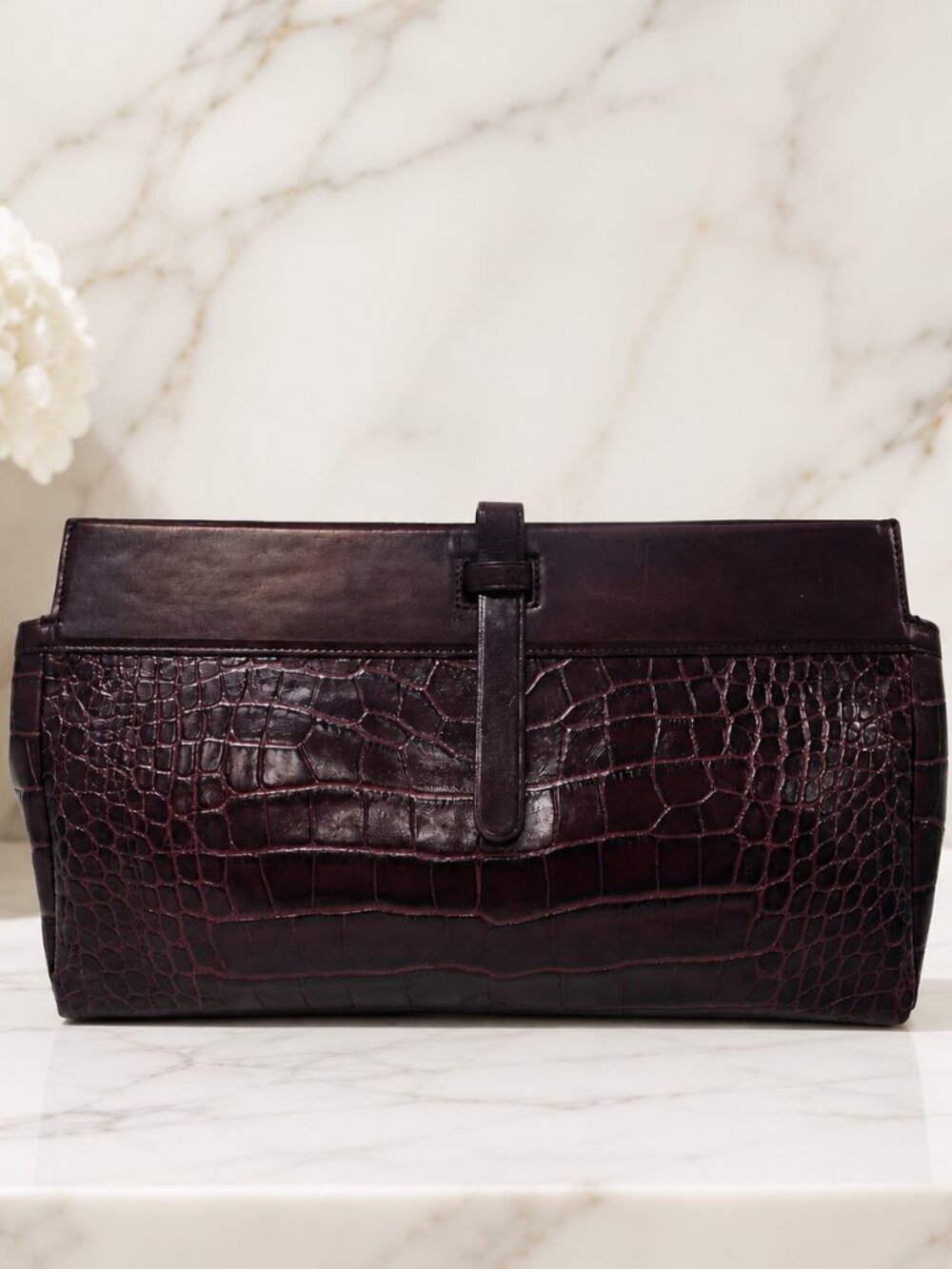 Elie Tahari Croc Embossed Leather Oversized Clutch Burgundy Two-Tone + Dust Bag
